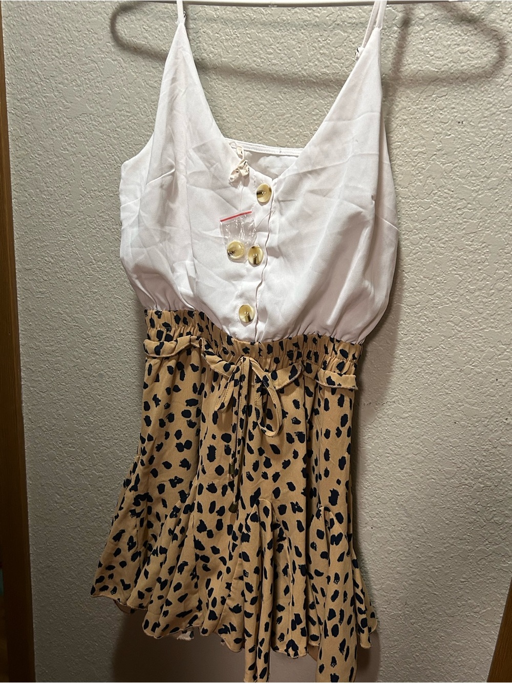 Main Strip White Top with Tan and Black Spotted Skirt Midi Dress - Picture 3 of 9
